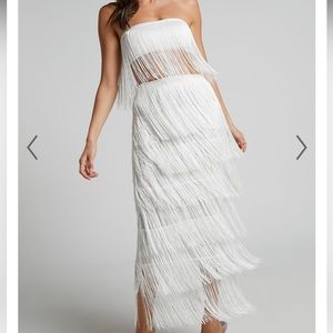 Amalee Fringe Strapless Crop Top and MIDI Skirt Two Piece Set in White